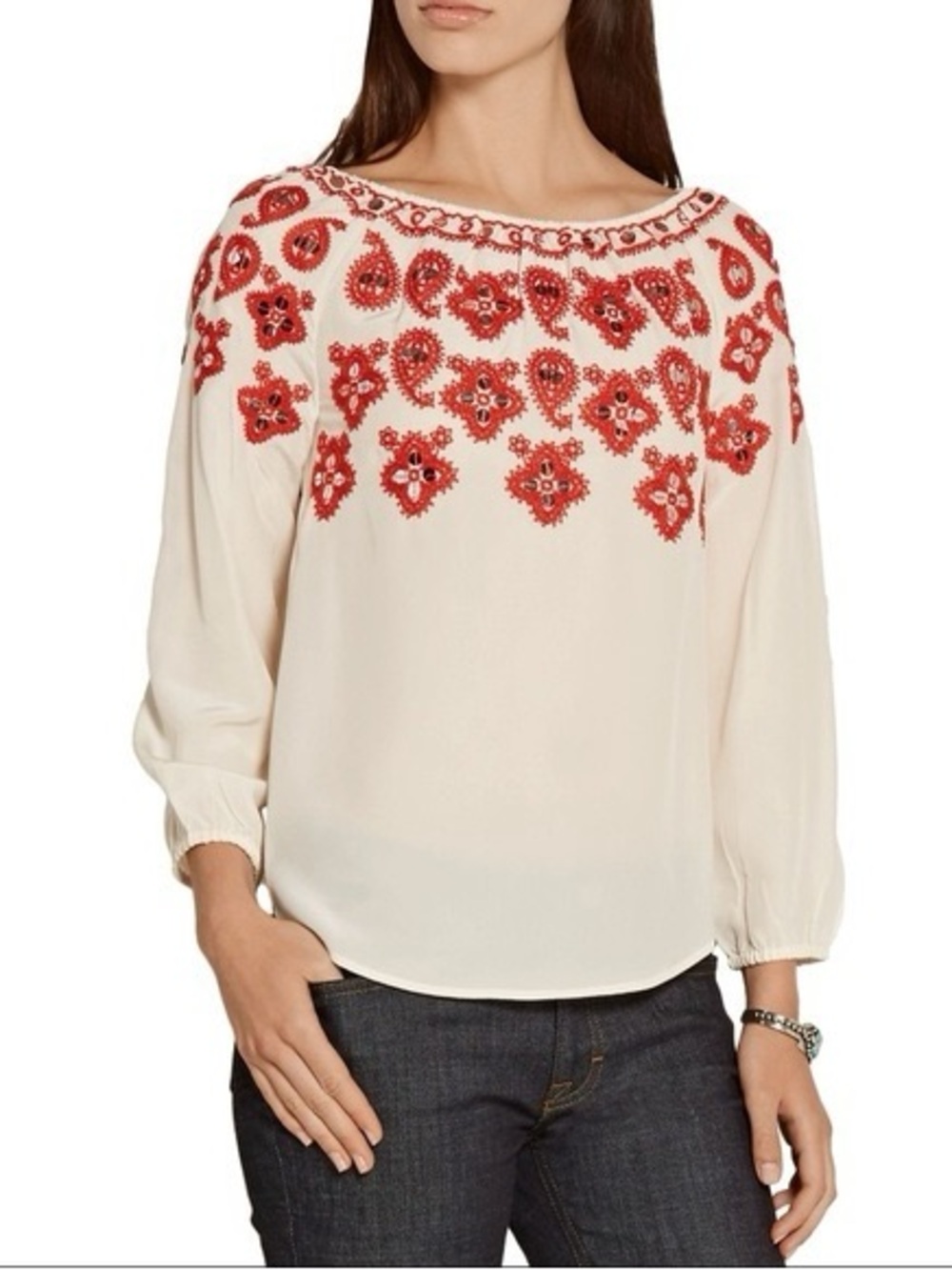 Tory Burch Cream Silk Blouse with Red Embroidery